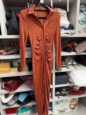Fashion Nova Rust Button-Front Ruched Long Sleeve Dress